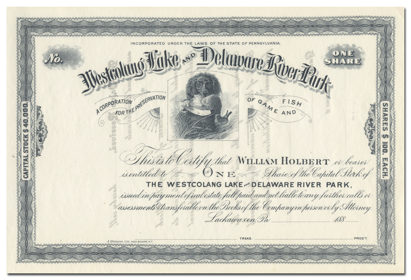 Westcolang Lake and Delaware River Park Stock Certificate