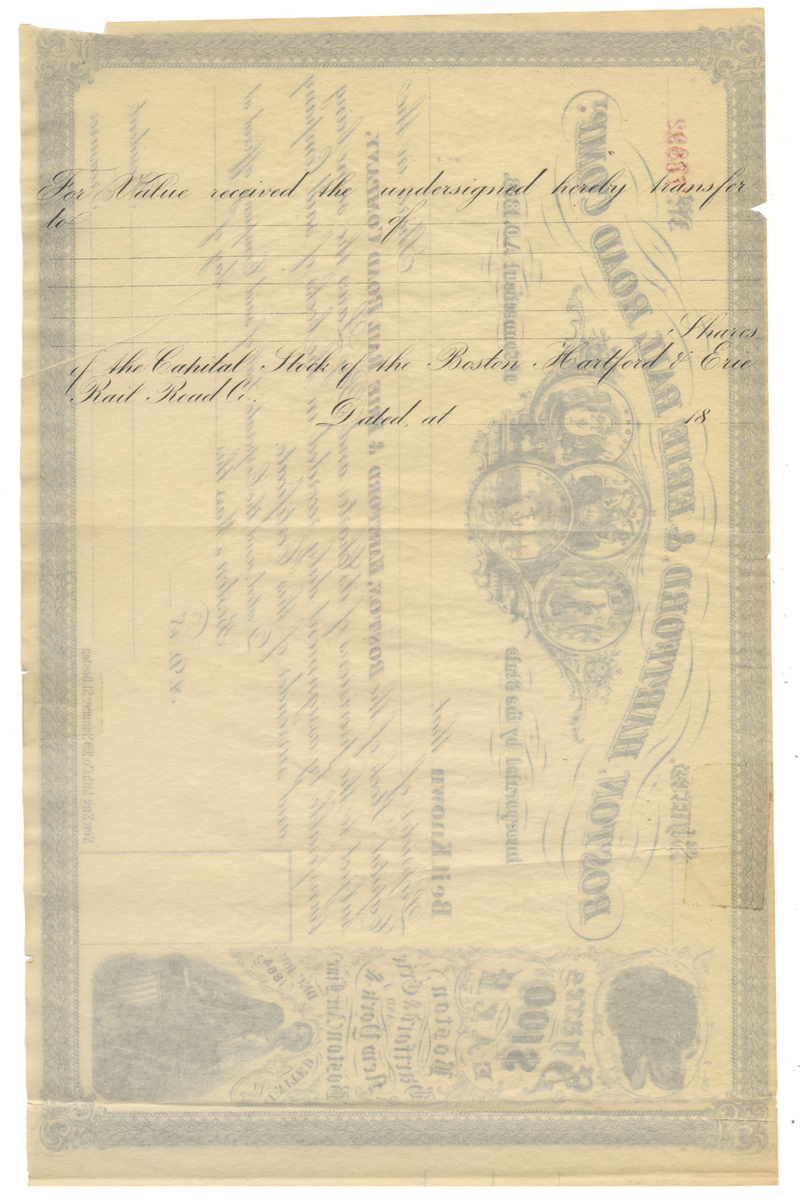 Boston, Hartford and Erie Rail Road Company Stock Certificate