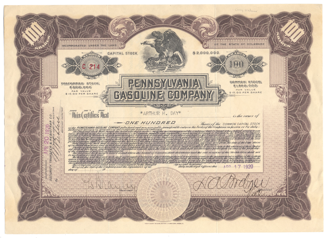 Pennsylvania Gasoline Company Stock Certificate