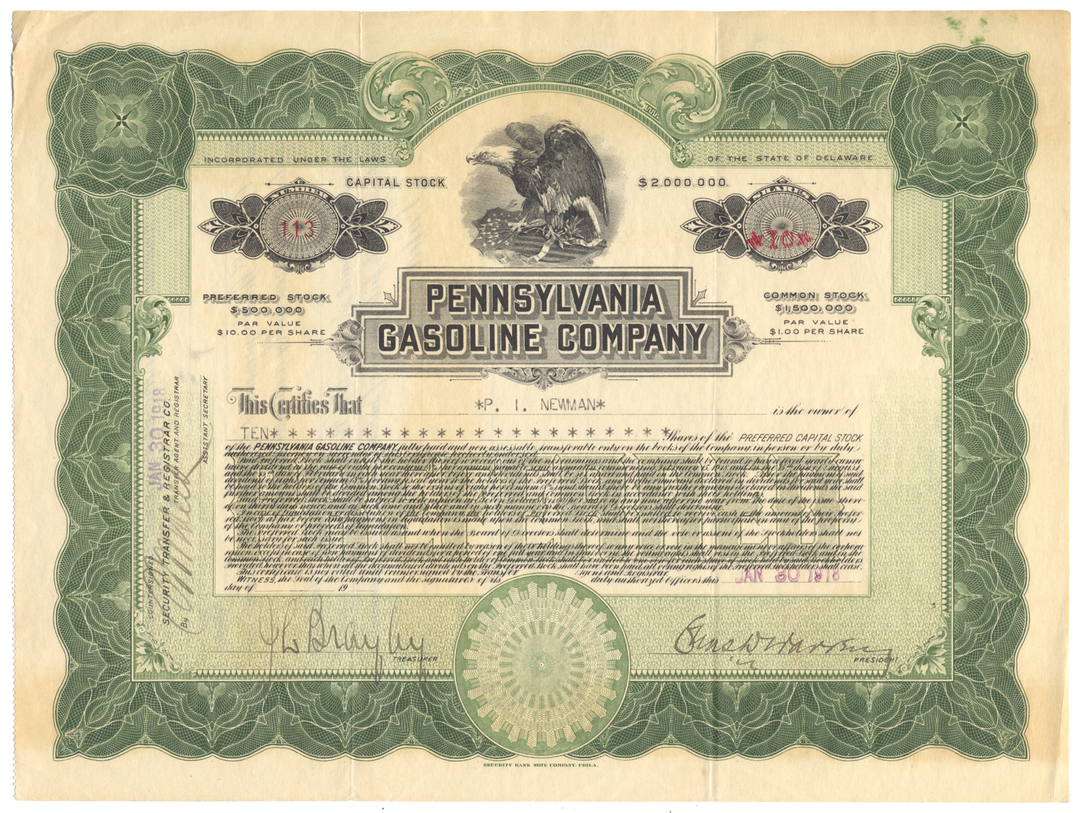 Pennsylvania Gasoline Company Stock Certificate