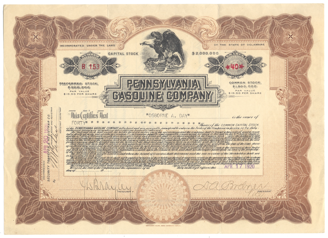 Pennsylvania Gasoline Company Stock Certificate