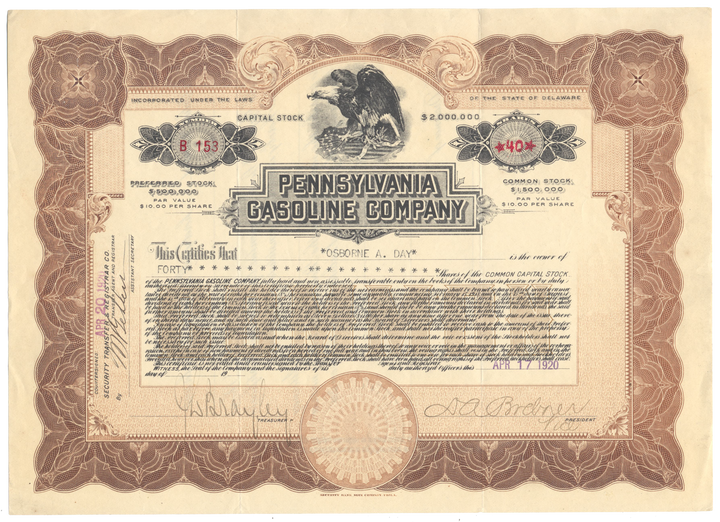 Pennsylvania Gasoline Company Stock Certificate