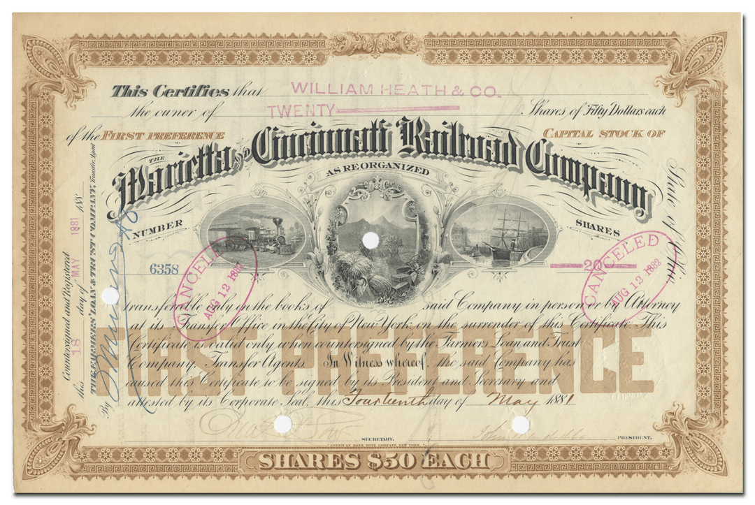 Marietta and Cincinnati Railroad Company Stock Certificate