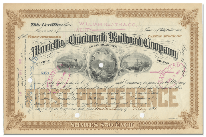 Marietta and Cincinnati Railroad Company Stock Certificate