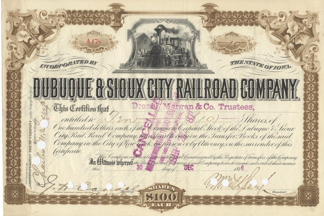 Dubuque & Sioux City Rail Road Company Stock Certificate Signed by Morris K. Jesup