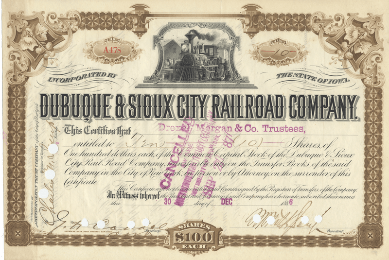 Dubuque & Sioux City Rail Road Company Stock Certificate Signed by Morris K. Jesup