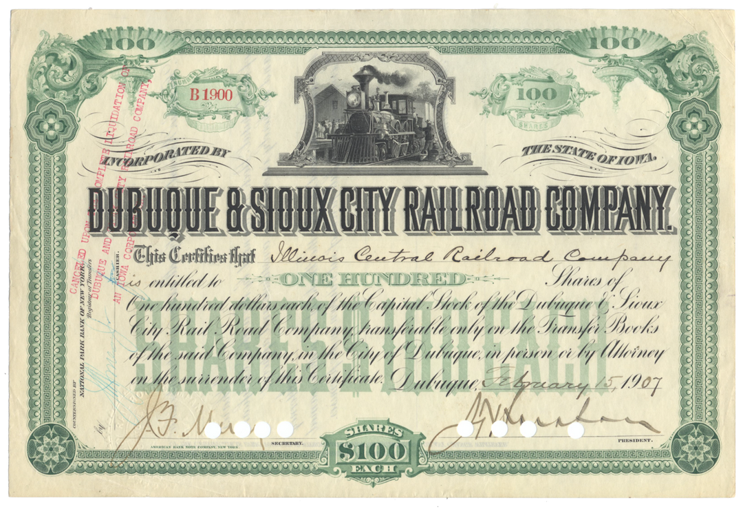 Dubuque & Sioux City Rail Road Company Stock Certificate