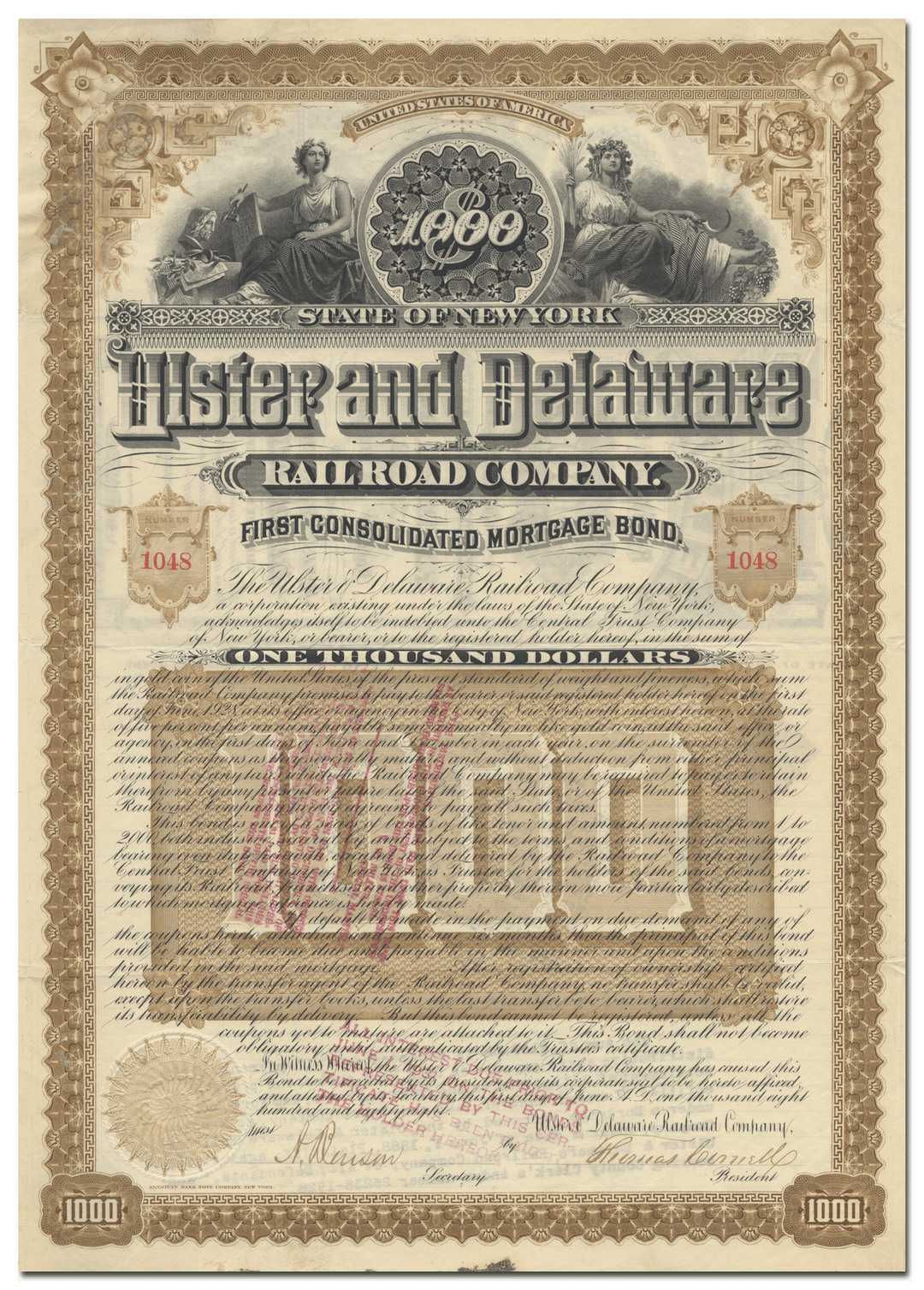 Ulster and Delaware Railroad Company Bond Certificate Signed by Thomas Cornell