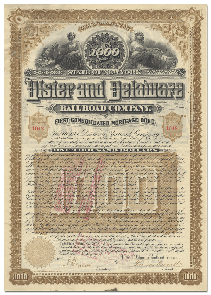 Ulster and Delaware Railroad Company Bond Certificate Signed by Thomas Cornell