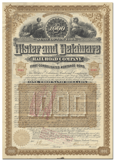 Ulster and Delaware Railroad Company Bond Certificate Signed by Thomas Cornell