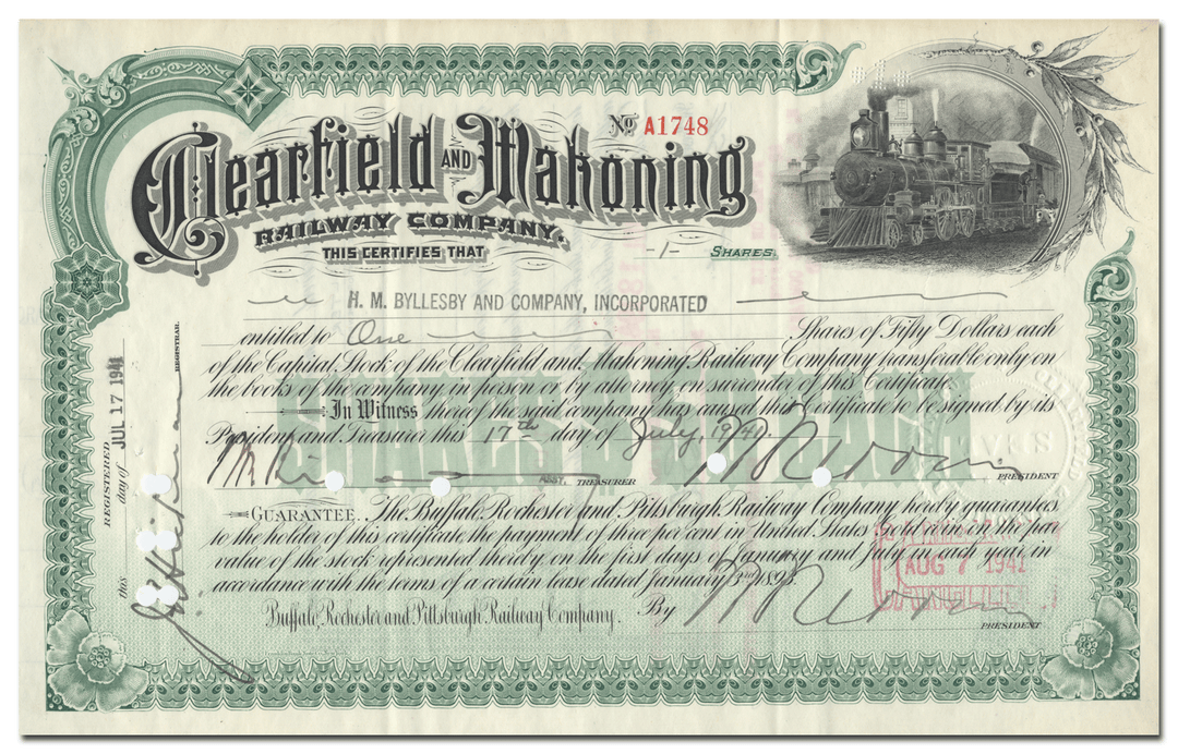 Clearfield and Mahoning Railway Company Stock Certificate