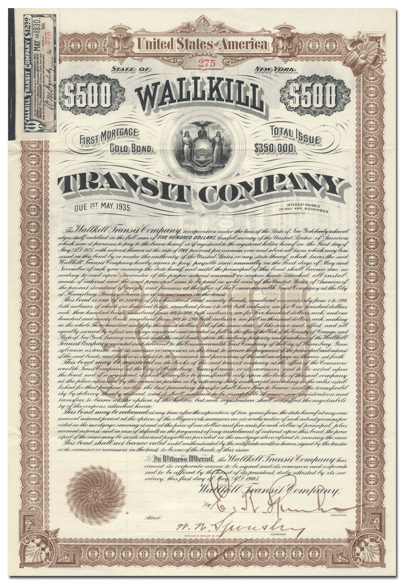 Wallkill Transit Company Bond Certificate
