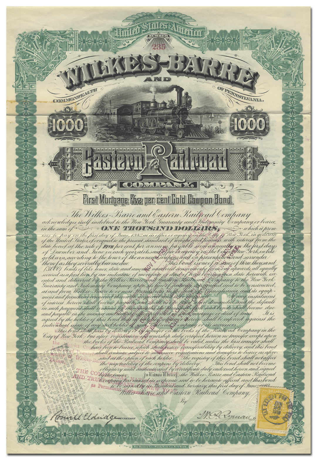 Wilkes-Barre and Eastern Railroad Company Bond Certificate