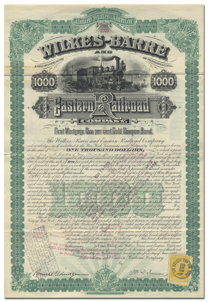 Wilkes-Barre and Eastern Railroad Company Bond Certificate