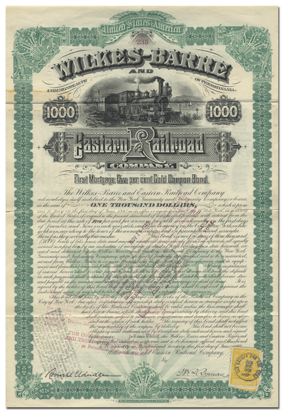 Wilkes-Barre and Eastern Railroad Company Bond Certificate