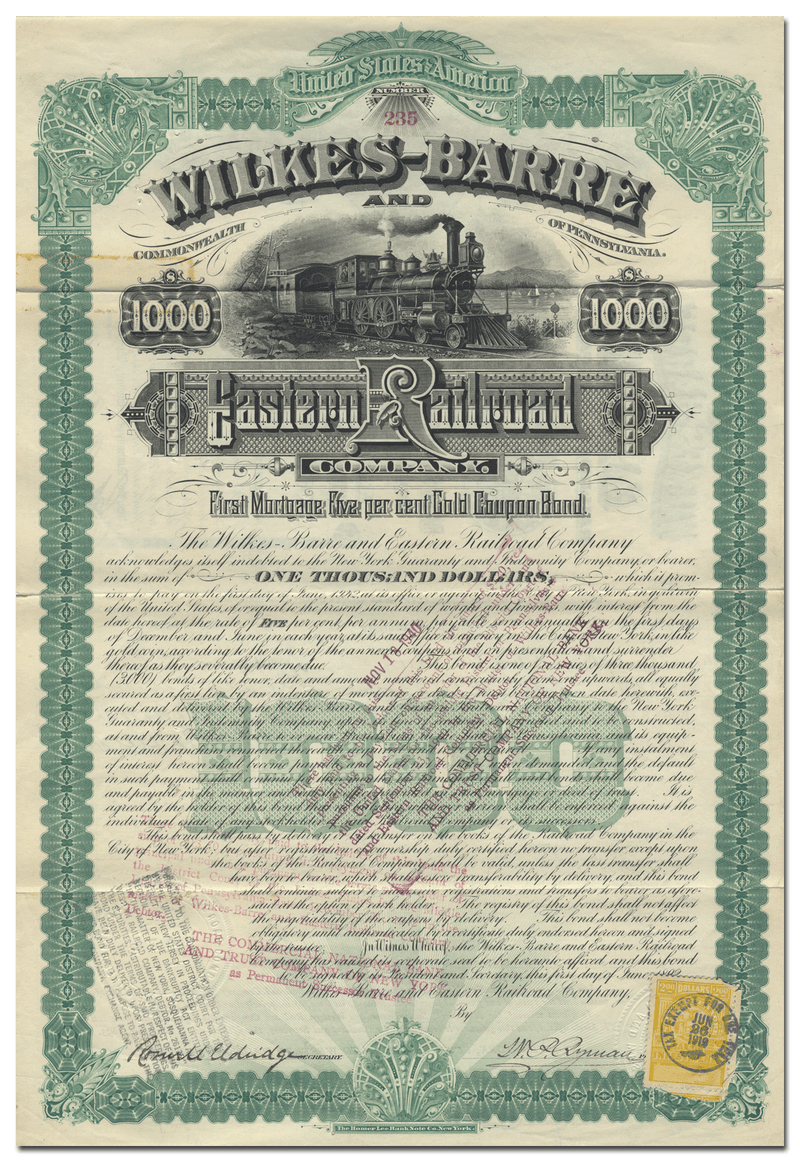 Wilkes-Barre and Eastern Railroad Company Bond Certificate