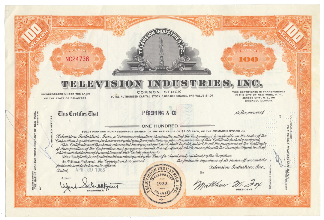 Television Industries, Inc. Stock Certificate