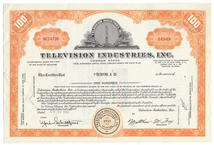 Television Industries, Inc. Stock Certificate