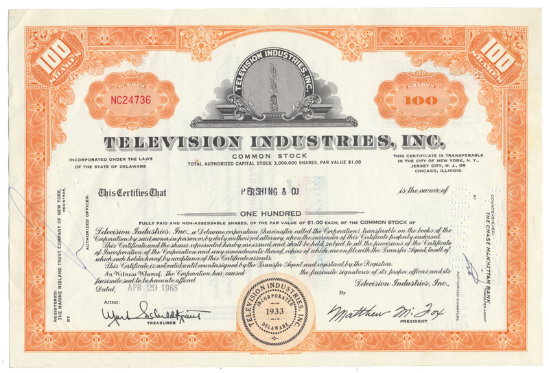 Television Industries, Inc. Stock Certificate