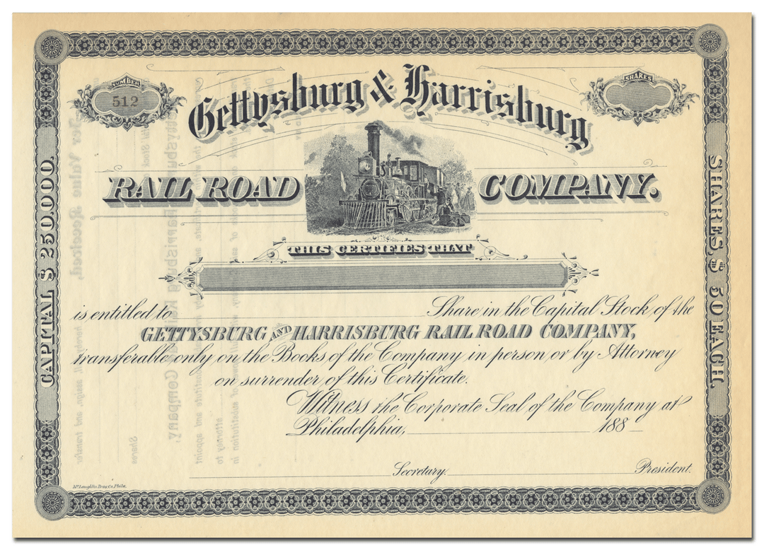 Gettysburg & Harrisburg Rail Road Company Stock Certificate