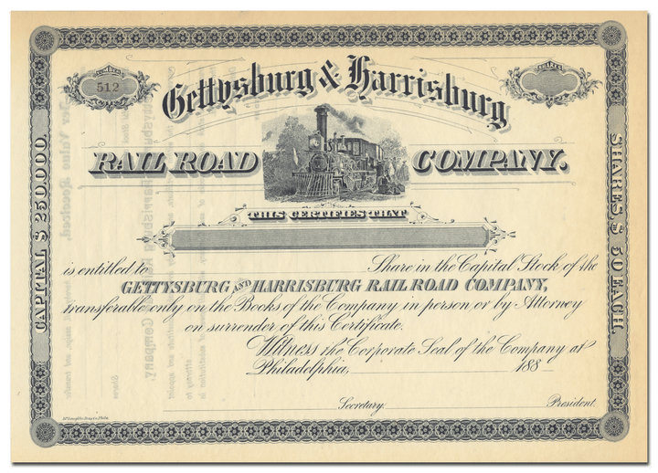 Gettysburg & Harrisburg Rail Road Company Stock Certificate