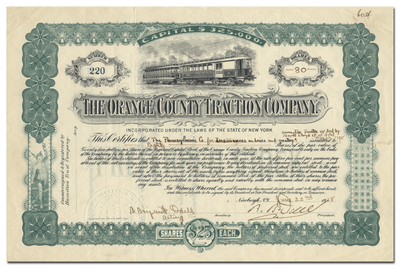 Orange County Traction Company Stock Certificate Signed by Benjamin B. Odell