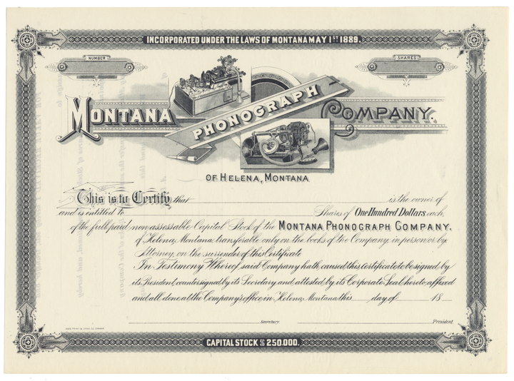 Montana Phonograph Company Stock Certificate