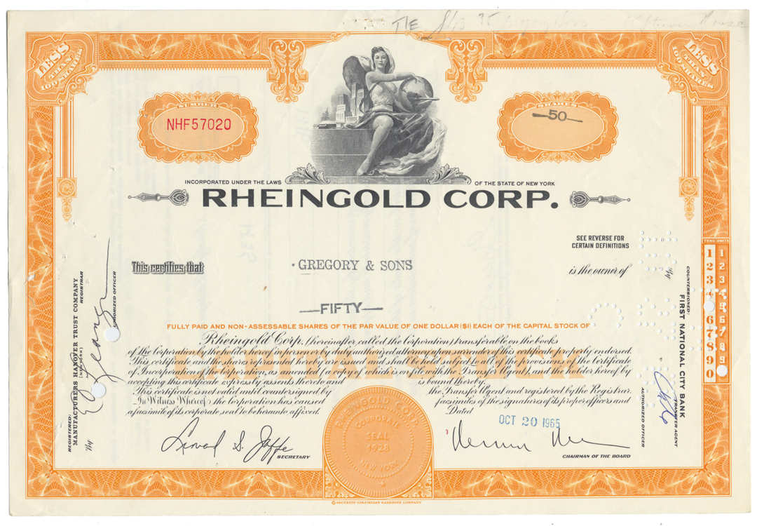 Rheingold Corp. Stock Certificate