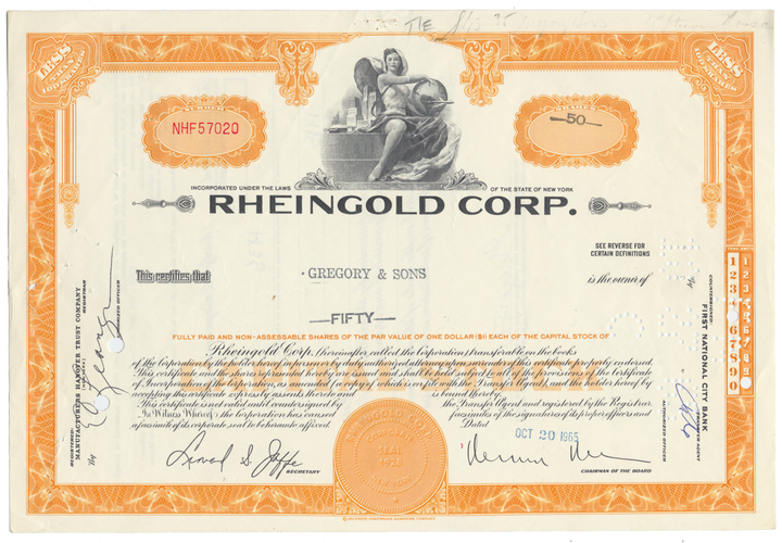 Rheingold Corp. Stock Certificate