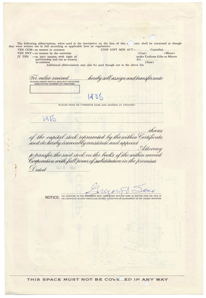 Rheingold Corp. Stock Certificate