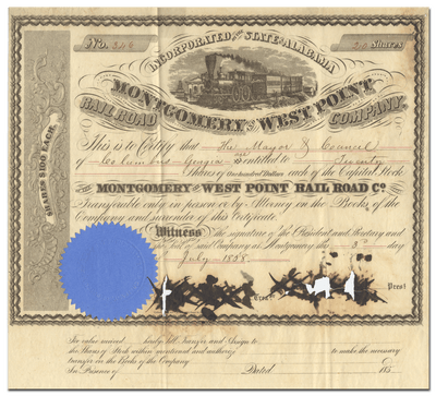 Montgomery and West Point Rail Road Co. Stock Certificate