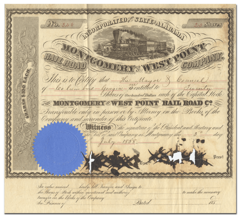 Montgomery and West Point Rail Road Co. Stock Certificate
