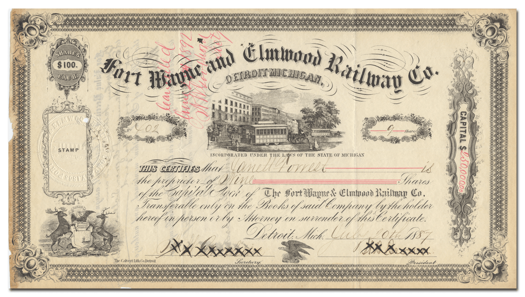 Fort Wayne and Elmwood Railway Co. Stock Certificate