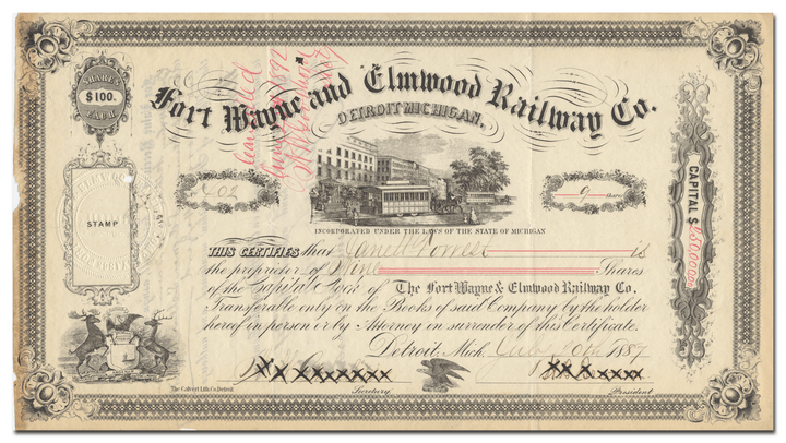 Fort Wayne and Elmwood Railway Co. Stock Certificate