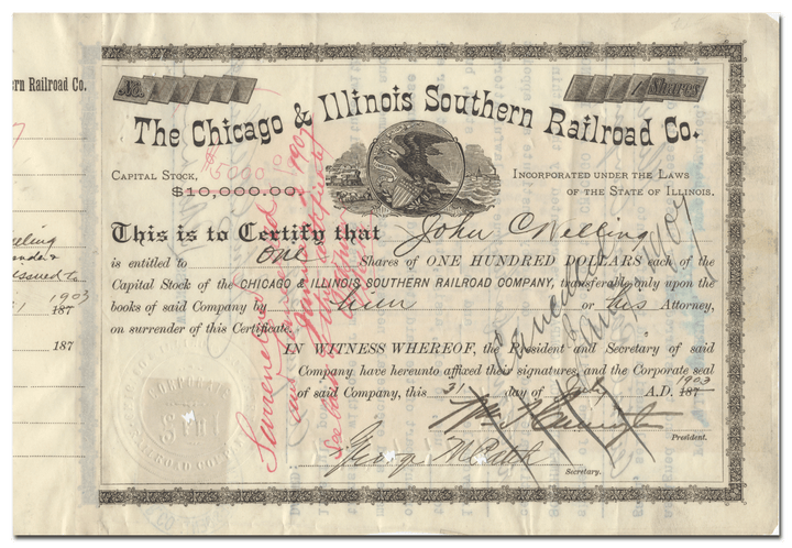 Chicago and Illinois Southern Railroad Company Stock Certificate