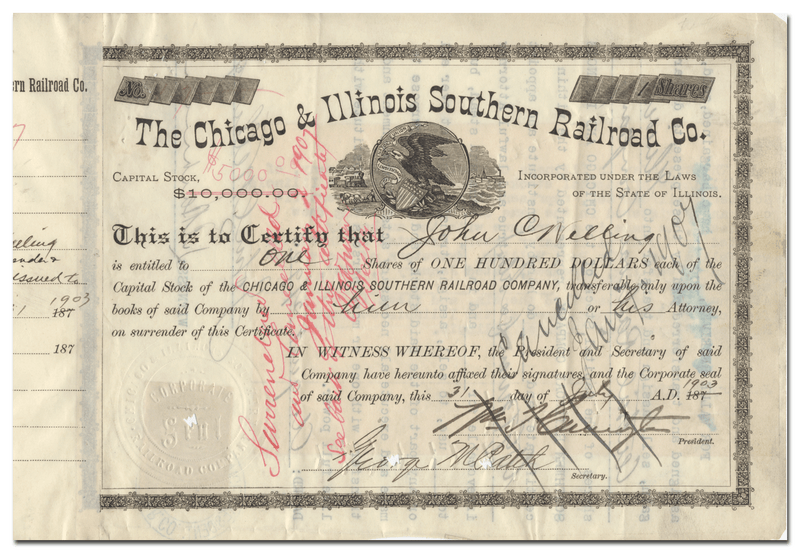 Chicago and Illinois Southern Railroad Company Stock Certificate