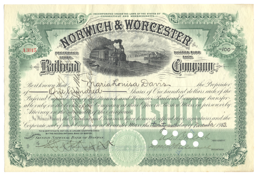 Norwich & Worcester Railroad Company Stock Certificate