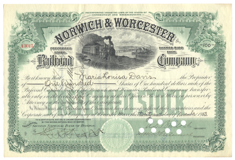 Norwich & Worcester Railroad Company Stock Certificate