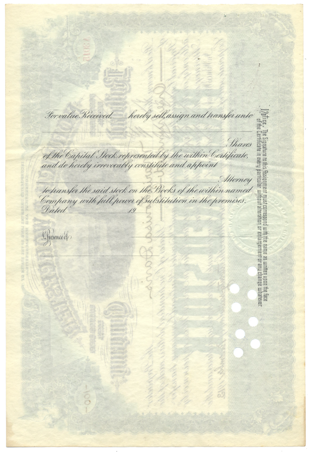 Norwich & Worcester Railroad Company Stock Certificate