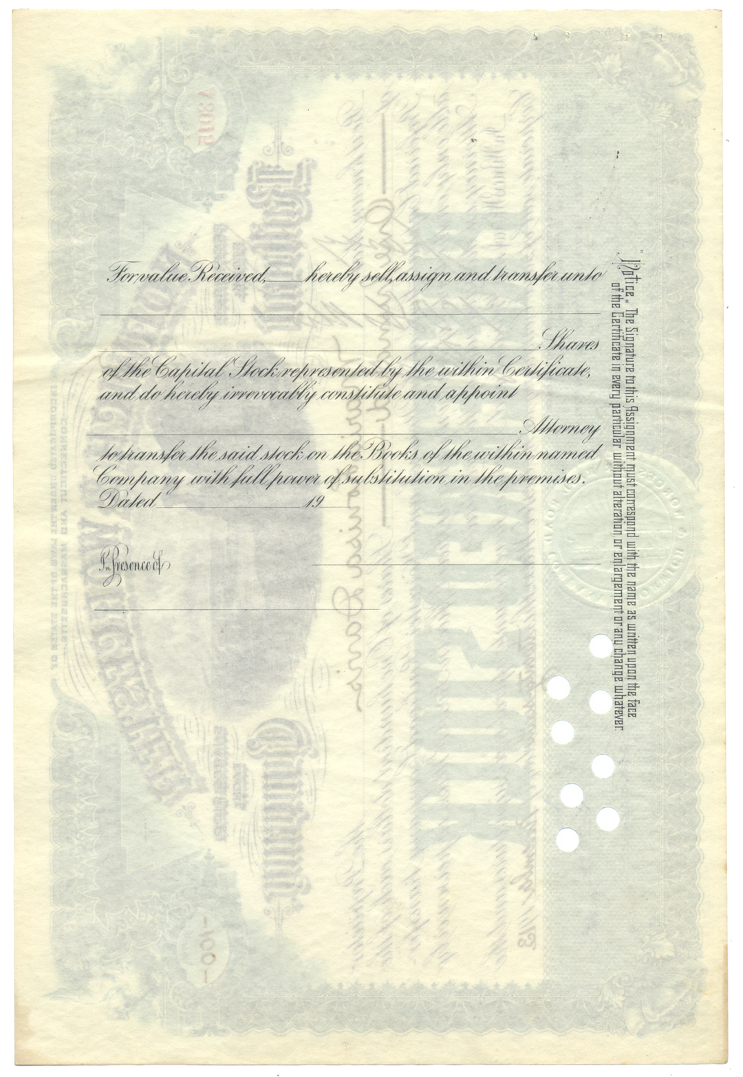 Norwich & Worcester Railroad Company Stock Certificate