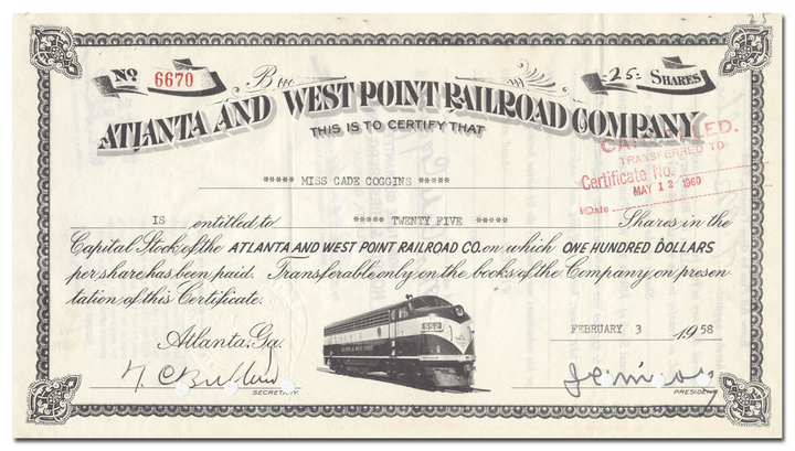 Atlanta and West Point Railroad Company Stock Certificate