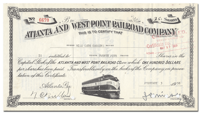 Atlanta and West Point Railroad Company Stock Certificate