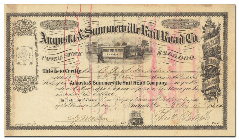 Augusta & Summerville Rail Road Company Stock Certificate