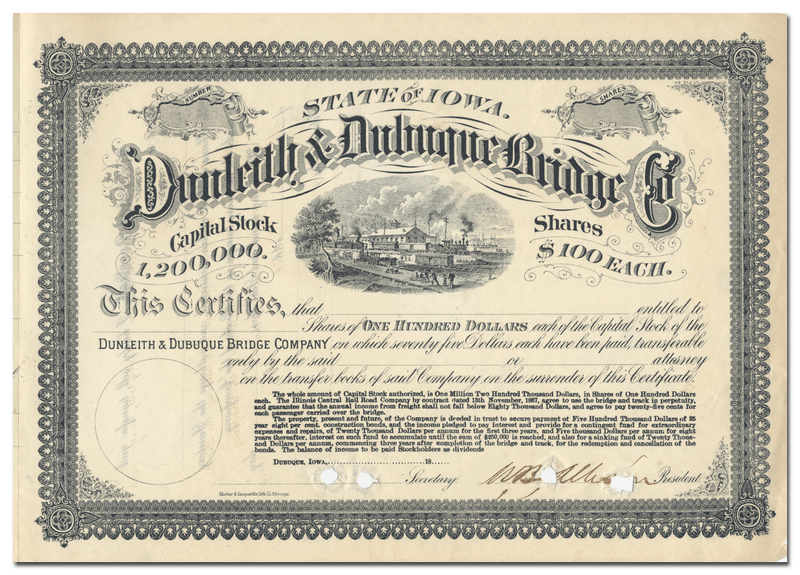 Dunleith & Dubuque Bridge Company Stock Certificate Signed by William Boyd Allison