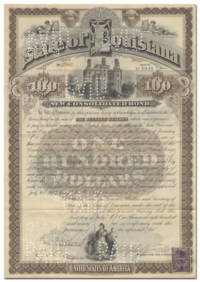 State of Louisiana Bond Certificate Signed by Murphy James Foster
