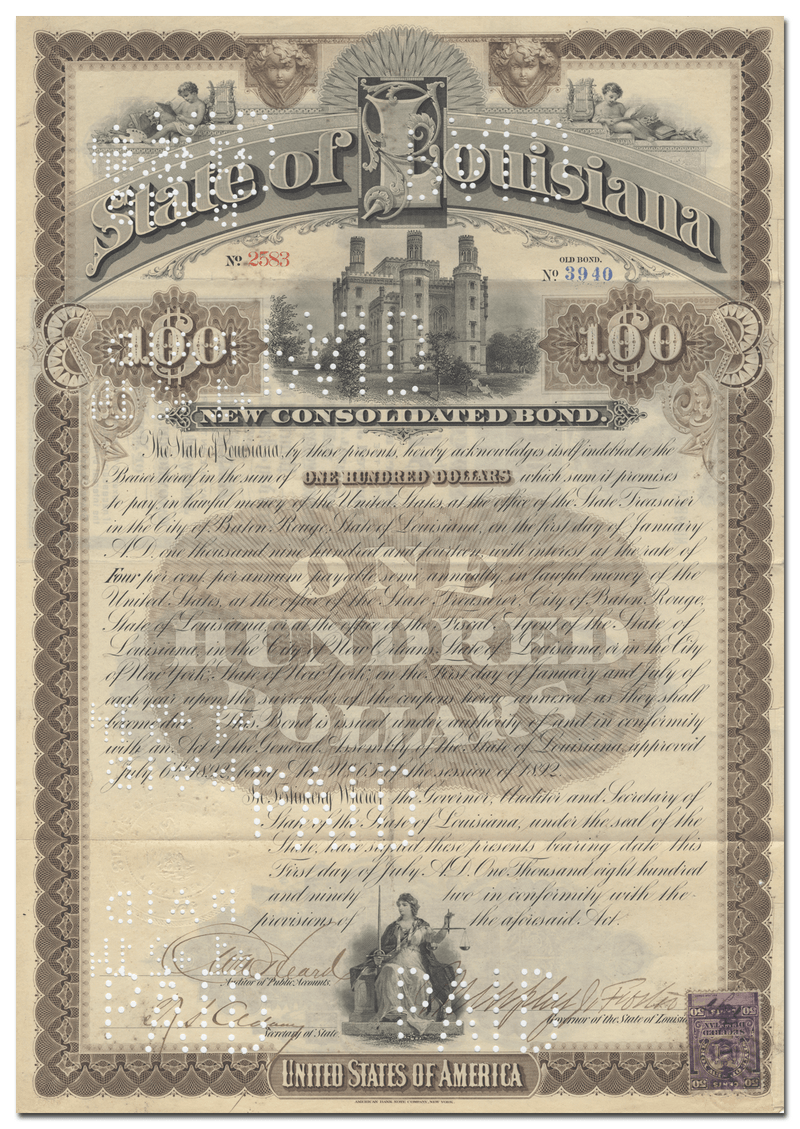 State of Louisiana Bond Certificate Signed by Murphy James Foster
