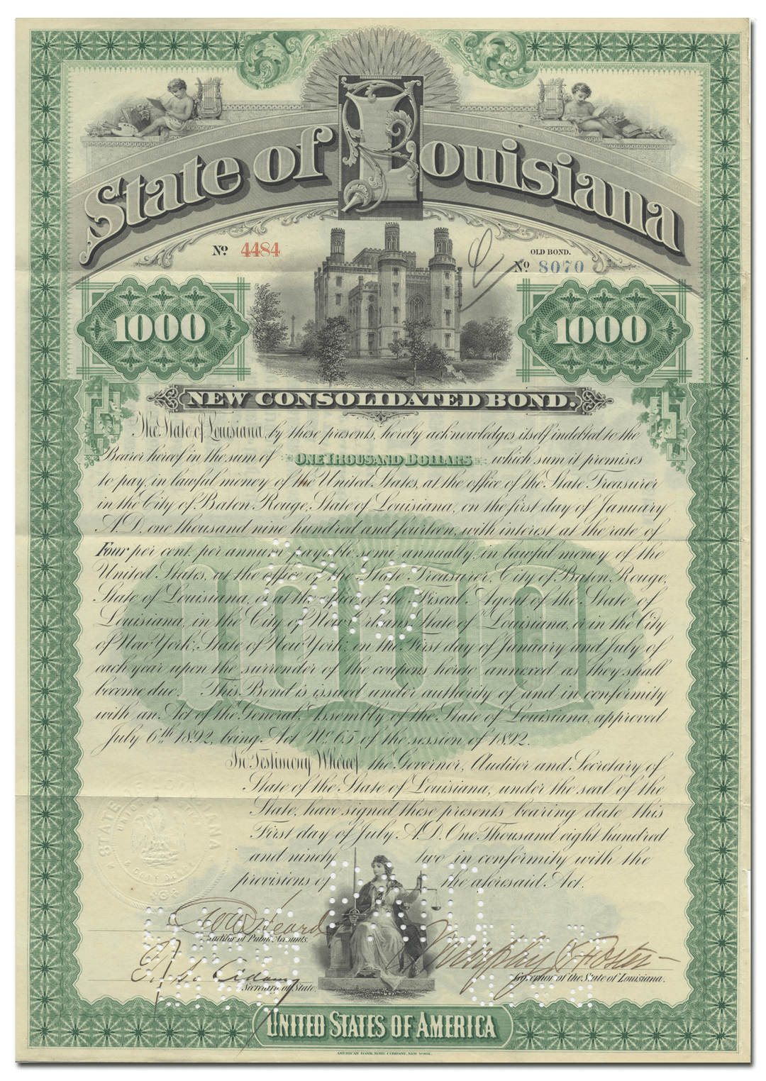 State of Louisiana Bond Certificate Signed by Murphy James Foster