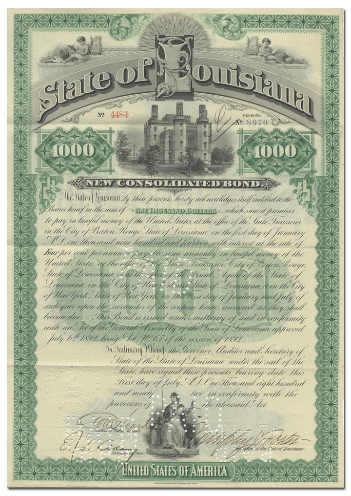 State of Louisiana Bond Certificate Signed by Murphy James Foster