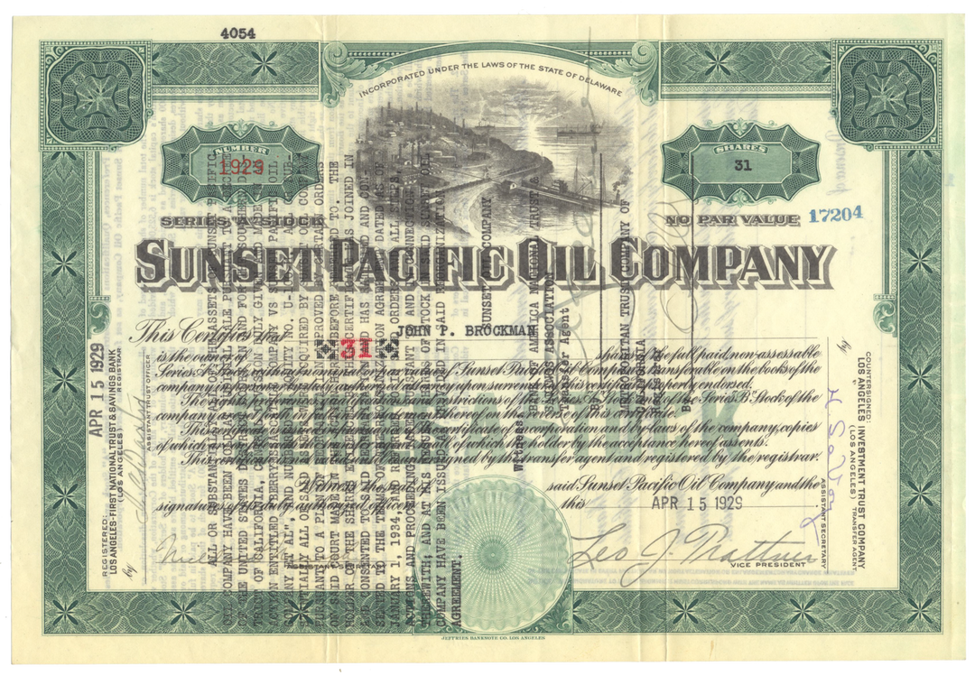 Sunset Pacific Oil Company Stock Certificate