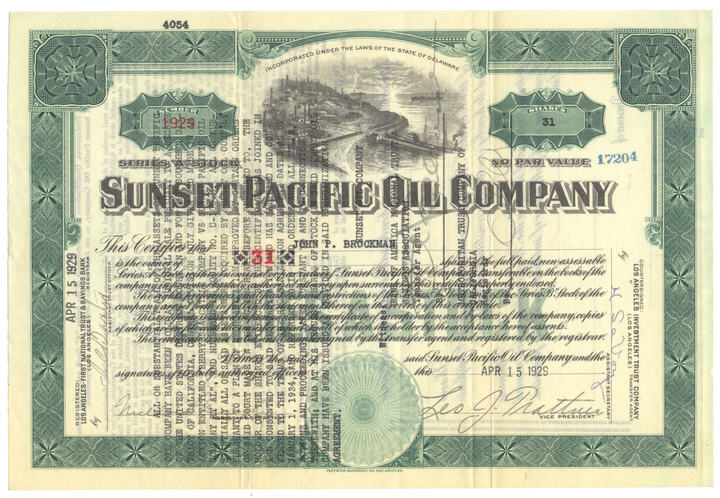 Sunset Pacific Oil Company Stock Certificate